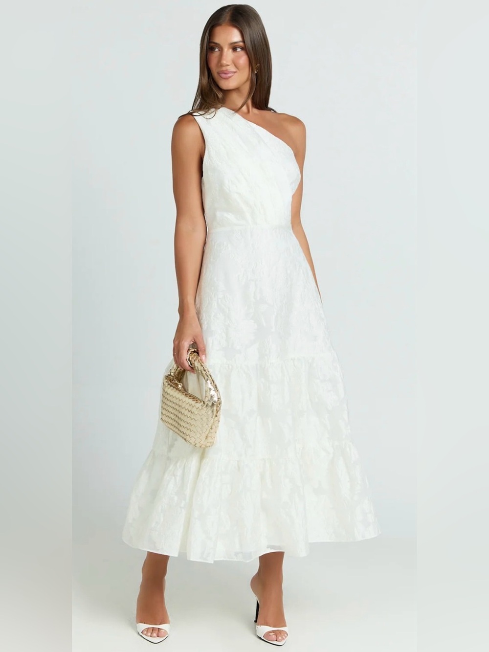 Showpo Nadette White One Shoulder Jacquard Tiered Midi Dress